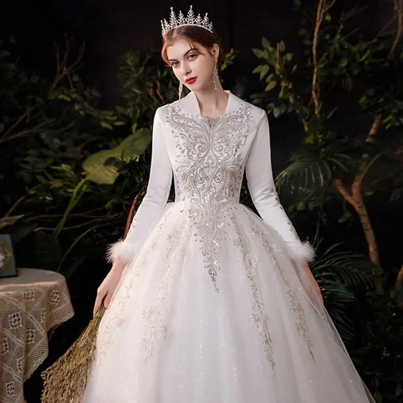 Dresses | Engagement Princess Weddingdresses Floorlengthlong Sleeve V Neck  Lacebridalgown | Poshmark